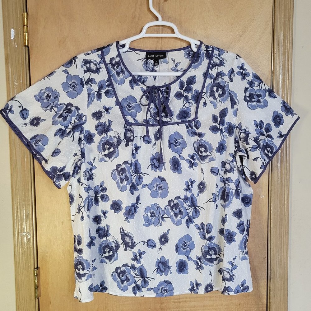 Lane Bryant Blouse  Size 24  Blue Floral Swiss Dot